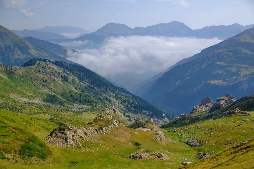 Mountain landscape of Bjeshkët e Nemuna National Park with dramatic peaks and green valleys in Kosovo