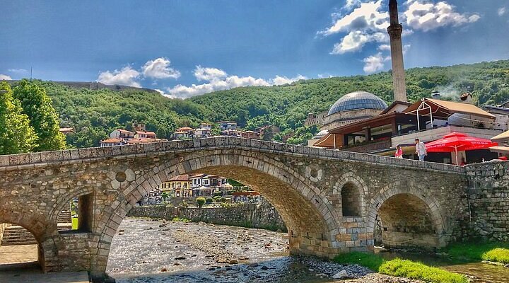 Stone Bridge in Prizren, Kosovo, a historic Ottoman-era bridge over the Bistrica River.